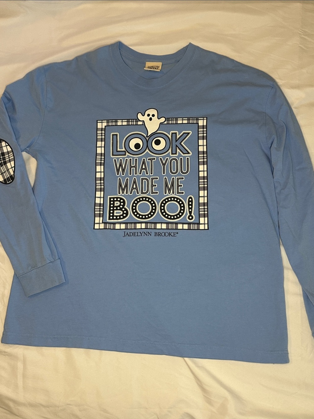 Jadelynn Brooke Blue Long Sleeve Halloween Tee with Plaid Elbow Patches